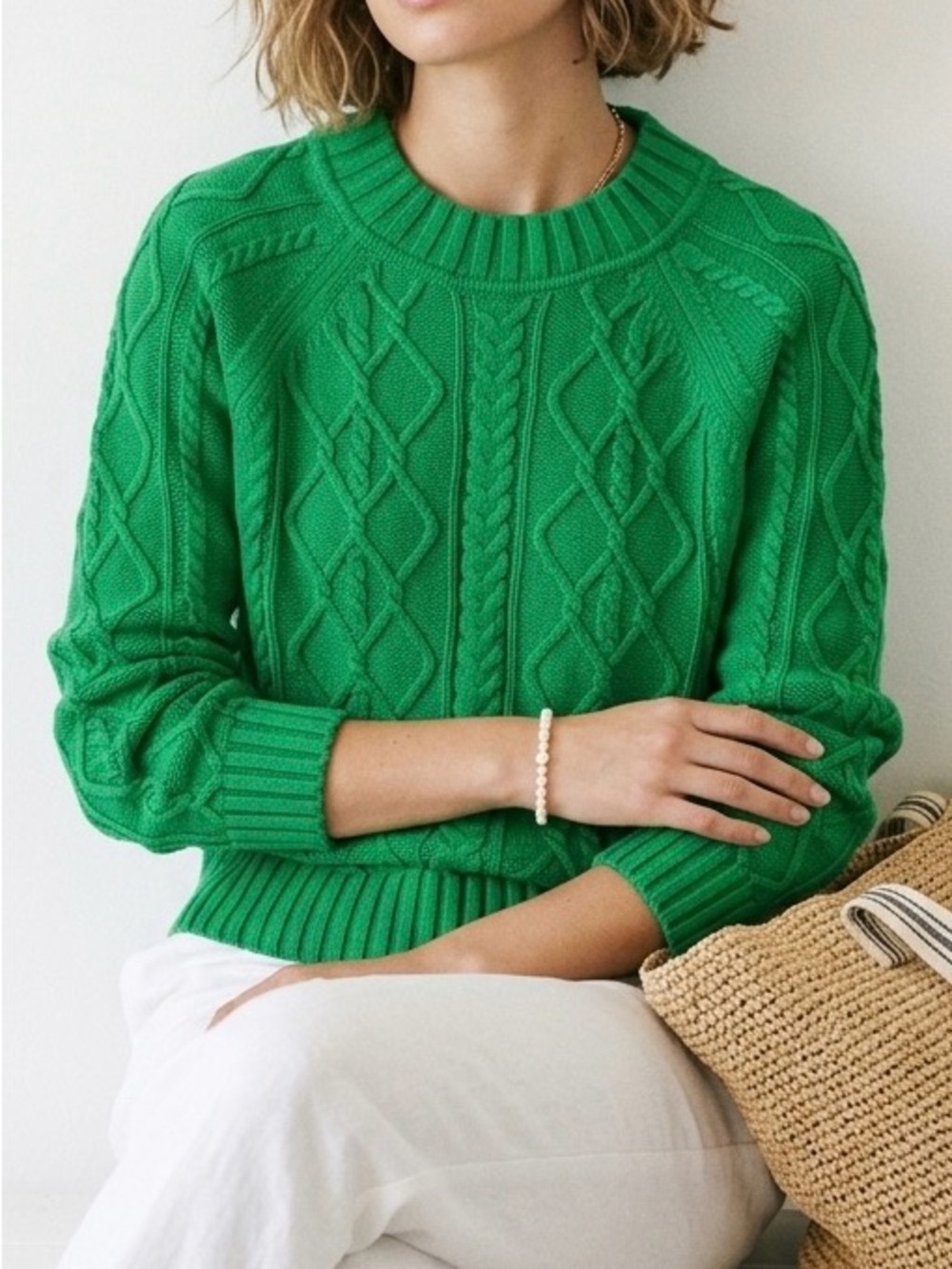 GAP Kelly Green OC Cable Knit Crewneck Chunky Cotton Sweater Size S